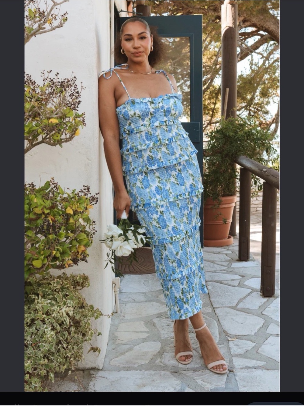 Show Me Your MuMu Blue Floral Tiered Midi Dress with Tie Straps